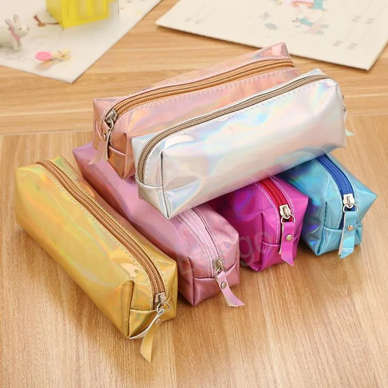 Laser Colorful Pen Bag PU Waterproof Zipper Pens Bag Student Stationery Storage Bags Large Capacity Cosmetic Organizer Pouch BH6983 TYJ