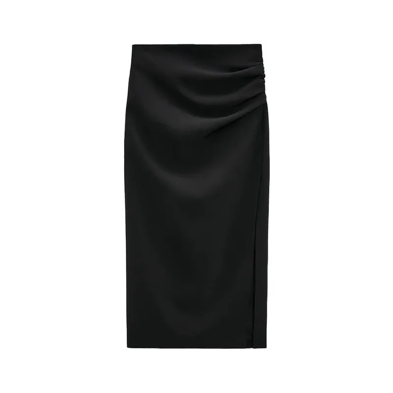 女性シックなファッションドレープミディスカートヴィンテージハイウエストサイドジッパーストレートメスブラックスカートミュージャー220317