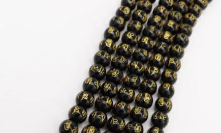 6mm approx 60beads/pcs Natural Crystal Buddha Charms Beads Black Color with Carving Gold Dragon Chinese Pixiu Bracelet DIY Beads for Jewelry Making
