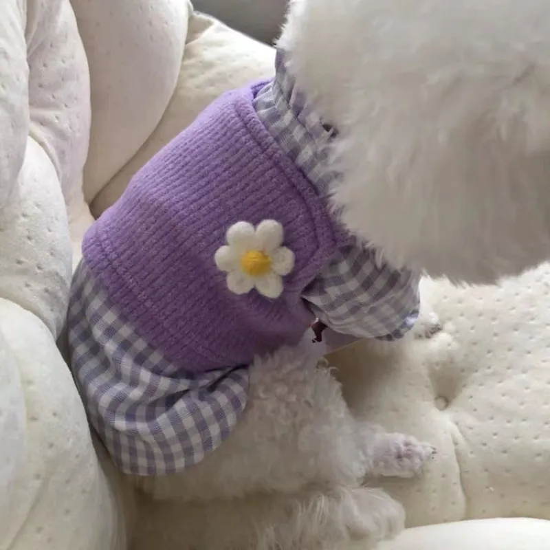 Hondenkleding Koreaanse versie Purple Sweater Vest Teddy Bi Bear Plaid Shirt Spring zomer herfst en winter