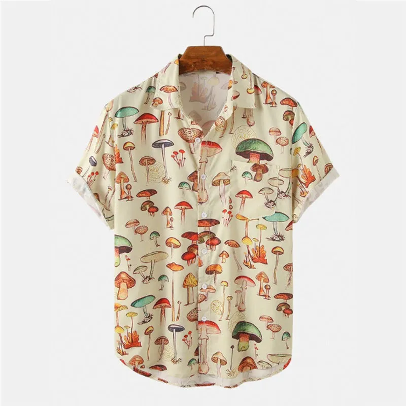 Mentille à manches courtes Hawaiian Shirt Summer Fashion Turnown Button Cartoon Mushroom Beach Imprimé Sorme pour hommes Streetwear décontracté 220527