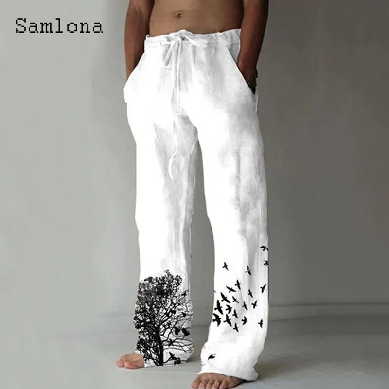 Calça de linho de design de bolso de samlona mass de penhasco de calça solta plata