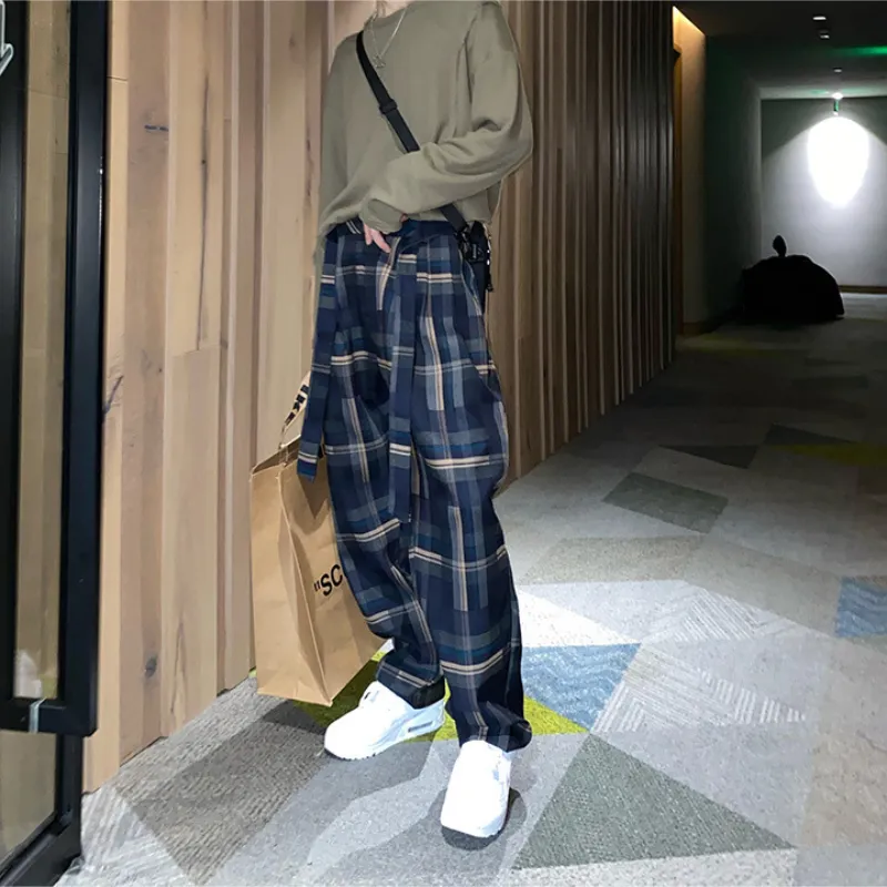 Houzhou Plaid Pants Plaid Plaid Plaid Male فحص سراويل مستقيمة مستقيمة غير رسمية الكورية الكورية Harajuku السراويل أزياء أزياء الشارع 220816