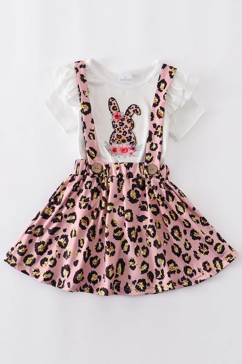 Girlymax påsk baby tjejer ärmlös bomull leopard kärlek kanin spets klänning kjol set jumpsuit boutique barn kläder ruffles 220419