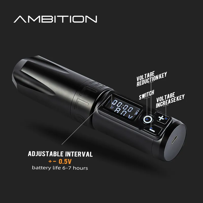 Ambition Tragbare kabellose Tattoo-Stiftmaschine, Lithium-Batterie, Netzteilblock, 1650 mAh, LED-Digitalanzeige, Ausrüstung 220624