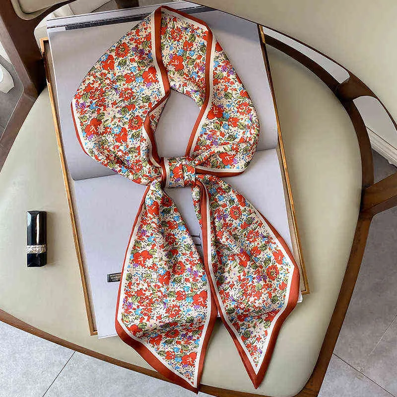 2021 Fashion Floral Print Silk Scarf Women Thin Neck Long Scarves Narrow Office Lady Shawl Bandanas Female Skinny Hairbands Y220419