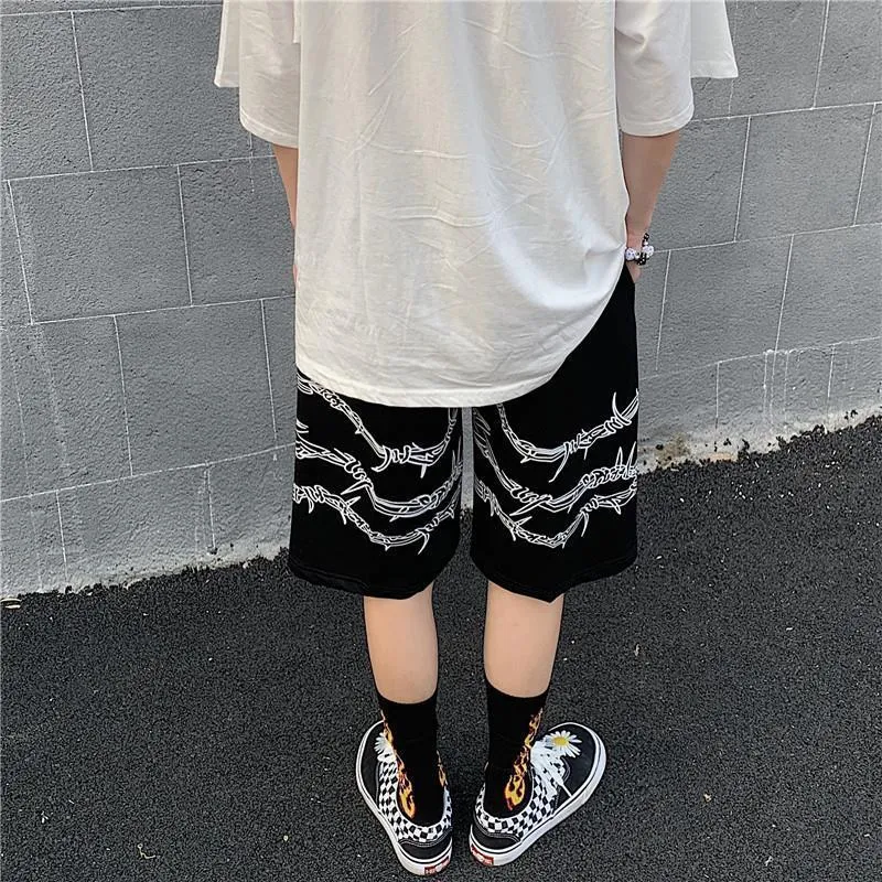 Harajuku men shorts streetwear iron chain pattern jogger wo Summer loose elastic waist Hip hop skateboard 220318