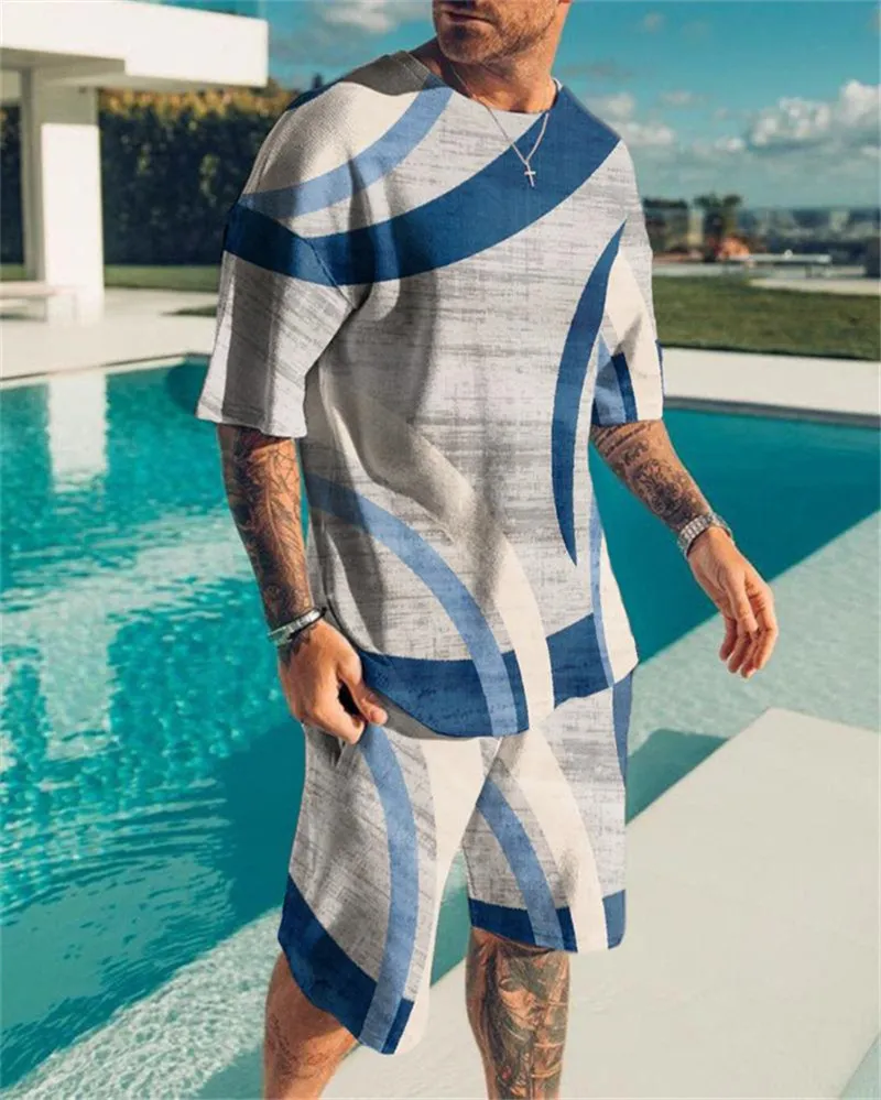 Tendencia de verano europea y americana para hombres, estilo casual de playa, textura, impresión digital 3D, camiseta, pantalones cortos, traje 220621