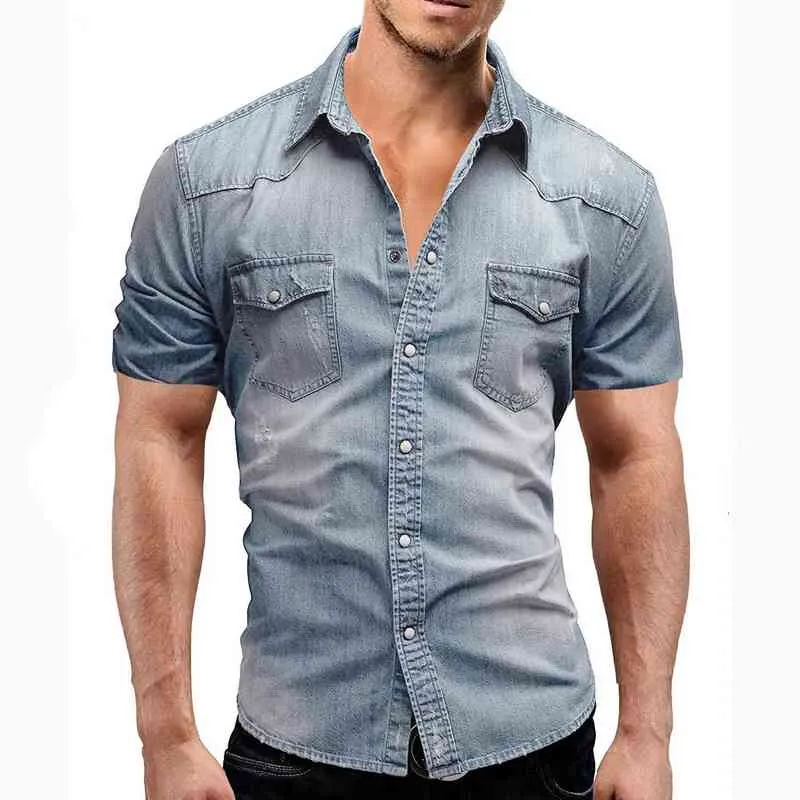 Men Denim Shirts Vintage Turn-down Collar Gradient Solid Summer Casual Short Sleeve Button-up Shirt Clothes For Mens Streetwear L220704