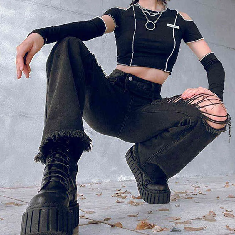 WeiYao Fori anteriori Goth Grunge Jeans dritti Donna Vita alta Pantaloni in denim effetto consumato Street Style Casual Pantaloni Jean neri T220728
