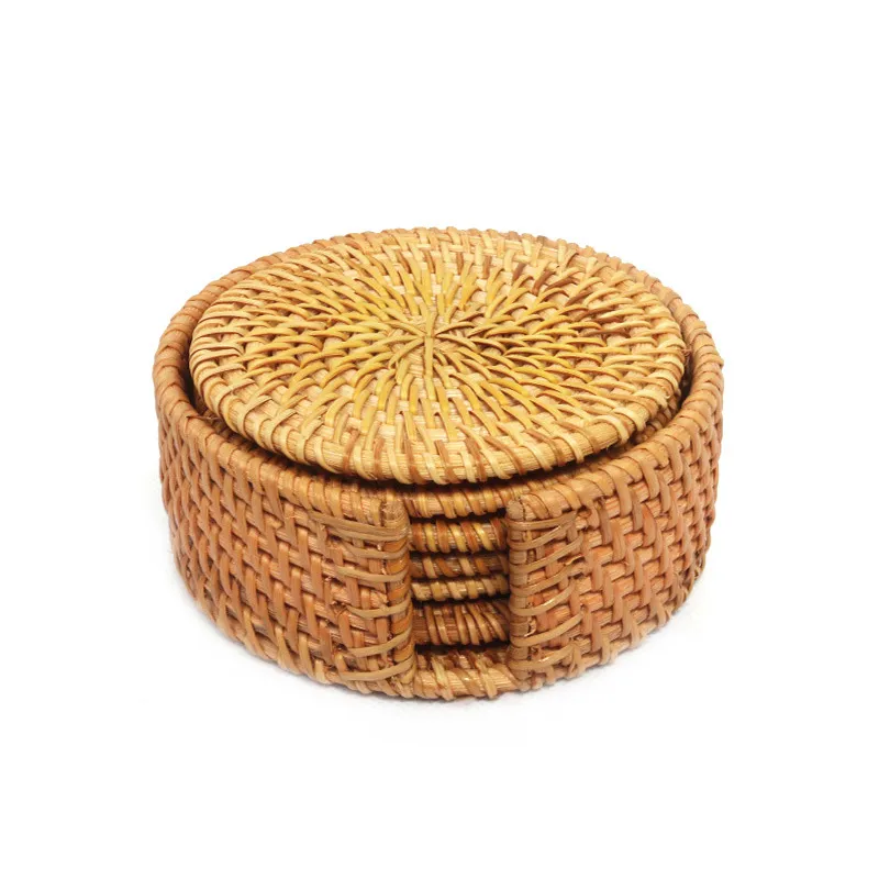 6st Drink Coasters Set for Kungfu Tea Accessories Round Table Product Placemat Dish Mat Rattan Weave Cup Pad Diameter 10cm 220610