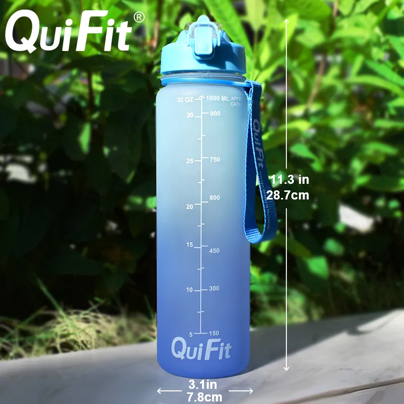 Quifit Bouteille d'eau 1 litre Silicone Paille Bec Cap Gallon, A-Free, Consommation quotidienne avec horodatage 220329