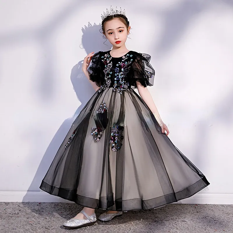 Högkvalitativ tjej Pageantklänningar Black First Holy Communion Dresses For Girl Tulle spetsbefäl Toddler Pageant Flower Girl Dress for Wedding and Birthday