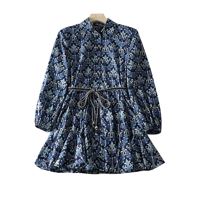 Fashion Vintage Long Sleeve Lapel All match Belt Mini Dress Print Loose Elegant Women Casual Female Vestidos 220613