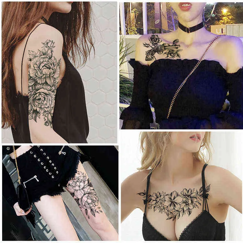 NXY tatuaggio temporaneo 1 pz moda donna ragazza adesivo rose nere design completo fiore braccio body art grande grande falso 0330