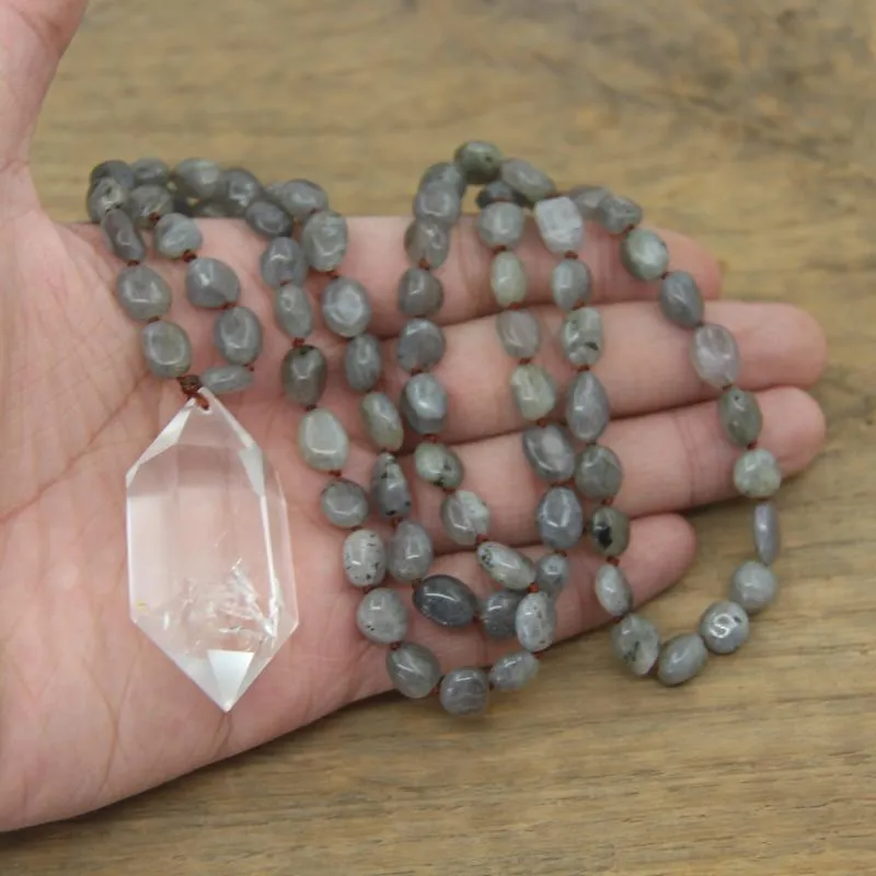 Hänge halsband handgjorda knuthalsband naturliga labradorit nugget chip pärlor kristall kvarts dubbelpunkt hängen mala yoga jude335d