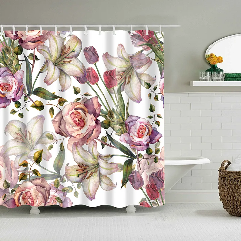 Rideaux de douche à motif de fleurs 3D Rideau de bain vintage avec crochets Rideau d'impression en tissu polyester pour salle de bain cortinas 220517