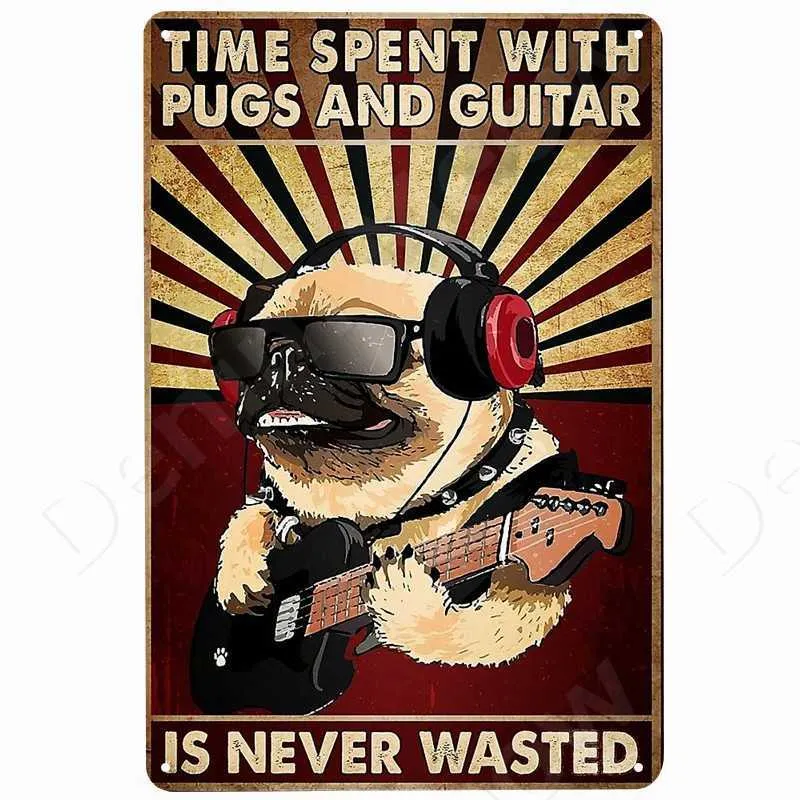 Забавная собака, винтажная жестяная вывеска, мопсы и гитара, украшение на стену, металлическая пластина для плаката, декор для ванной комнаты, бара, кафе, Home6043763