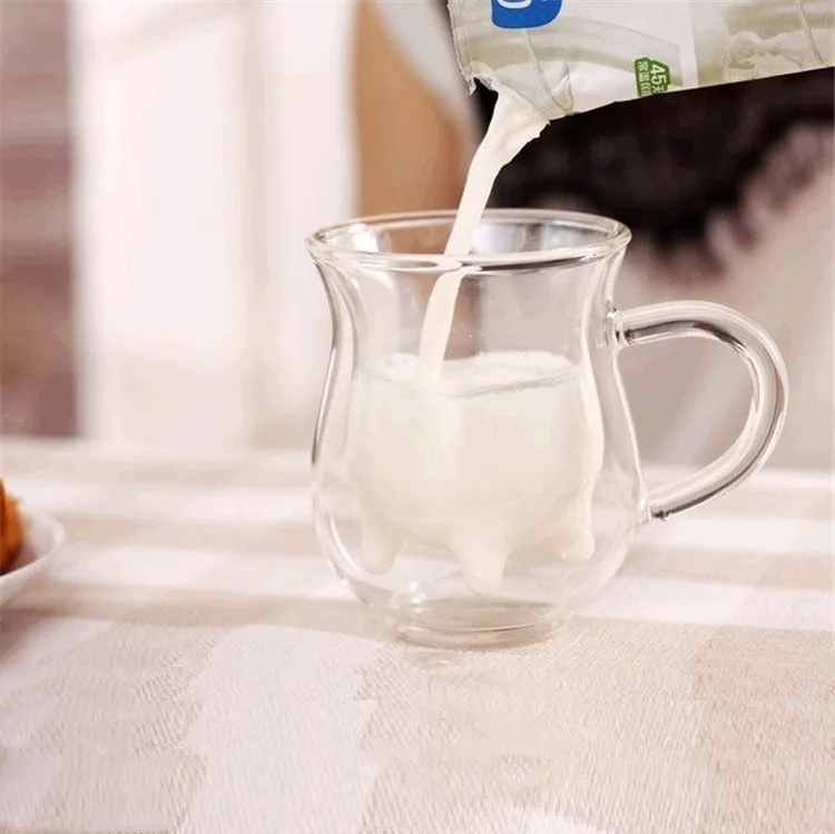 Domowe kreatywne kubki krowy podwójna warstwowa szklana kubek kubek 250 ml Piękny mleko sok z herbatą kawa kawy przezroczyste szklanki kubek miotacz mleka ZC1215