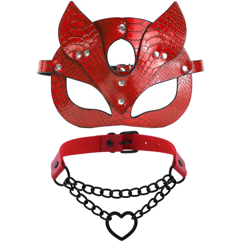 sexyy maschera in pelle rossa BDSM Hot Fetish Masquerade Cat Ears Woman Face Costume Carnevale Cosplay Party Birthday Gioco adulti