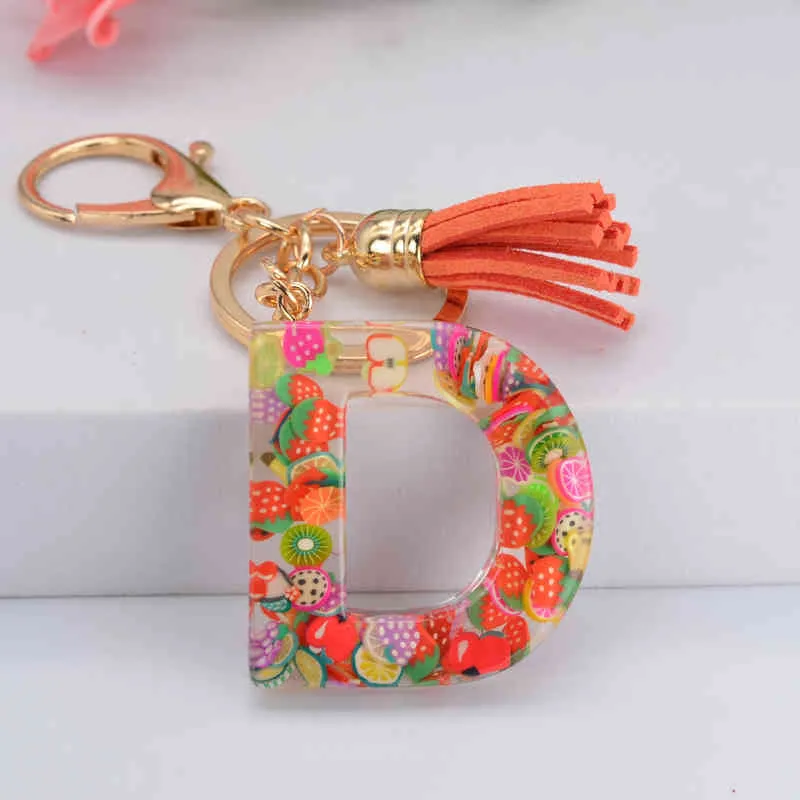 Nya Fruktbitar Engelska Bokstäver Harts Keychain Kvinnor Mode Enkelhet Handväska Hängsmycke Med Tassel Key Ring Tillbehör AA220318