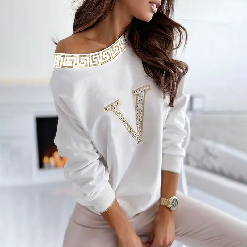 가을 여성 섹시한 흰색 라운드 넥 패션 티셔츠 매일 착용 숄더 롱 슬리브 캐주얼 톱 220321