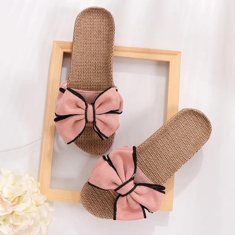 Mntrerm Casual for Home Slippers Summer Bowknot Soft Floor Woman Indoor Flats Shoes Cute Linen Slipper Terlik 220630