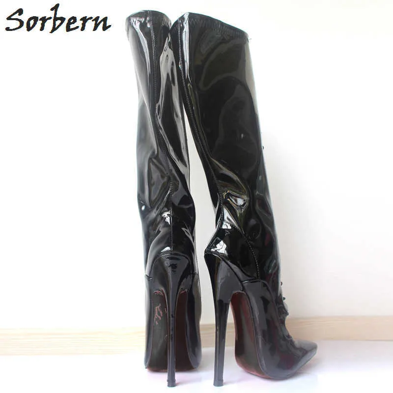 Sorbern Knee High Women Boots 플러스 사이즈 레이스 높은 18cm 발 뒤꿈치가 뾰족한 발가락 진짜 이미지 특허 가죽 신발 여성 부츠 36-46