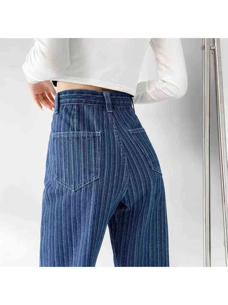 Blue Vertical Striped High Taille Jeans Women Summer American Vibe High Street Ins Tij Rechte Wide Pipes Denim Pants Vrouw L220728