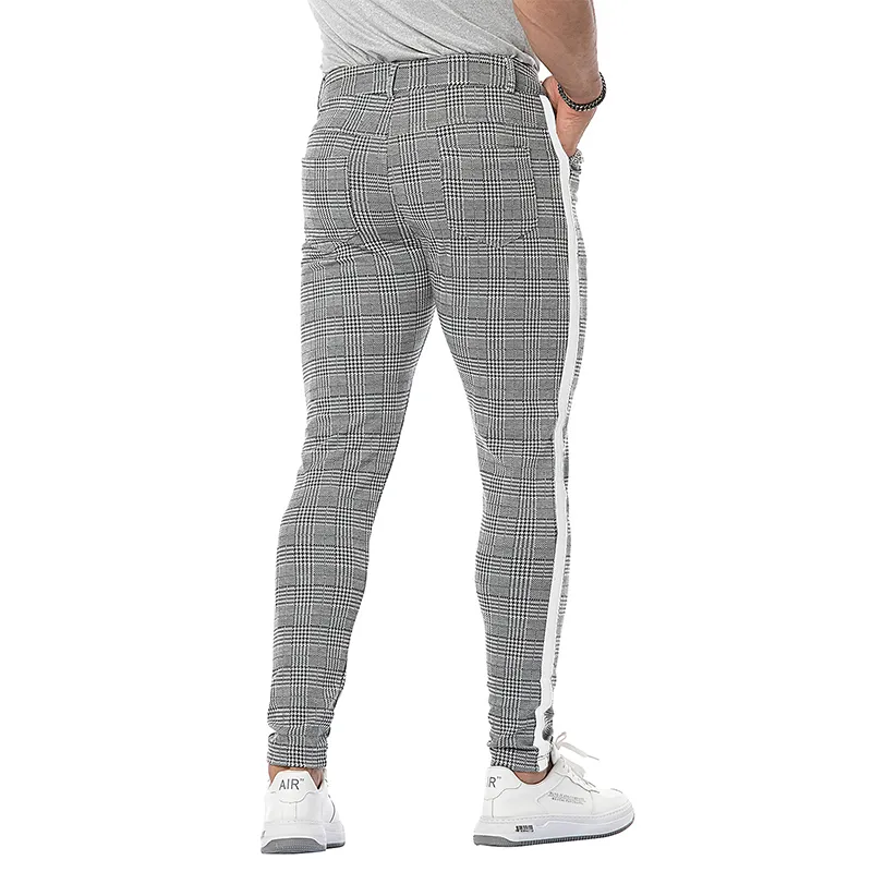 Masculino casual calça xadrez para baixo slim cinzento magro plus tamanhos longos moda streetwear homens negócios elastic algodão verificado calças 220325
