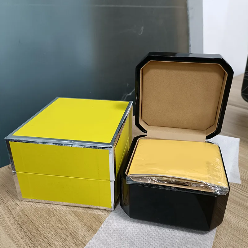 Boîtes de montres de luxe de haute qualité, boîte noire en plastique, céramique, cuir, certificat manuel, bois jaune, emballage extérieur258u