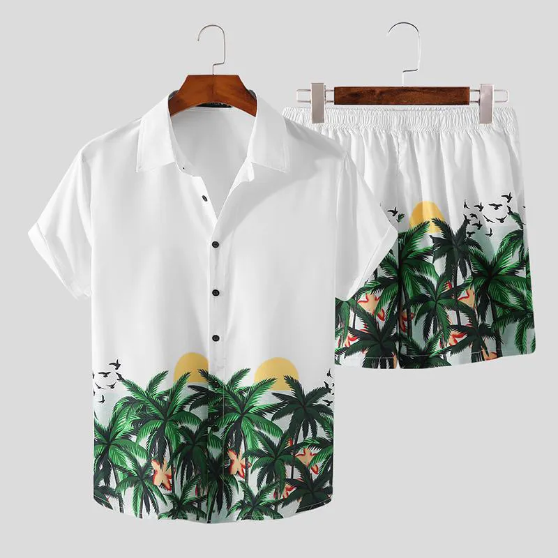 Estate Uomo Set da spiaggia Streetwear Manica corta Camicia con risvolto Pantaloncini stampati Traspirante Casual Abiti hawaiani 2 Pezzi 220524