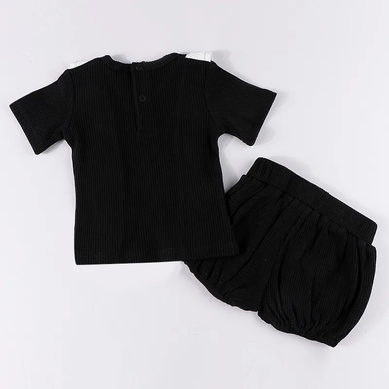 Ensemble bébé vêtements d'été haut et bloomer noir côtelé enfants fille col rond manches courtes contraste volants 220620