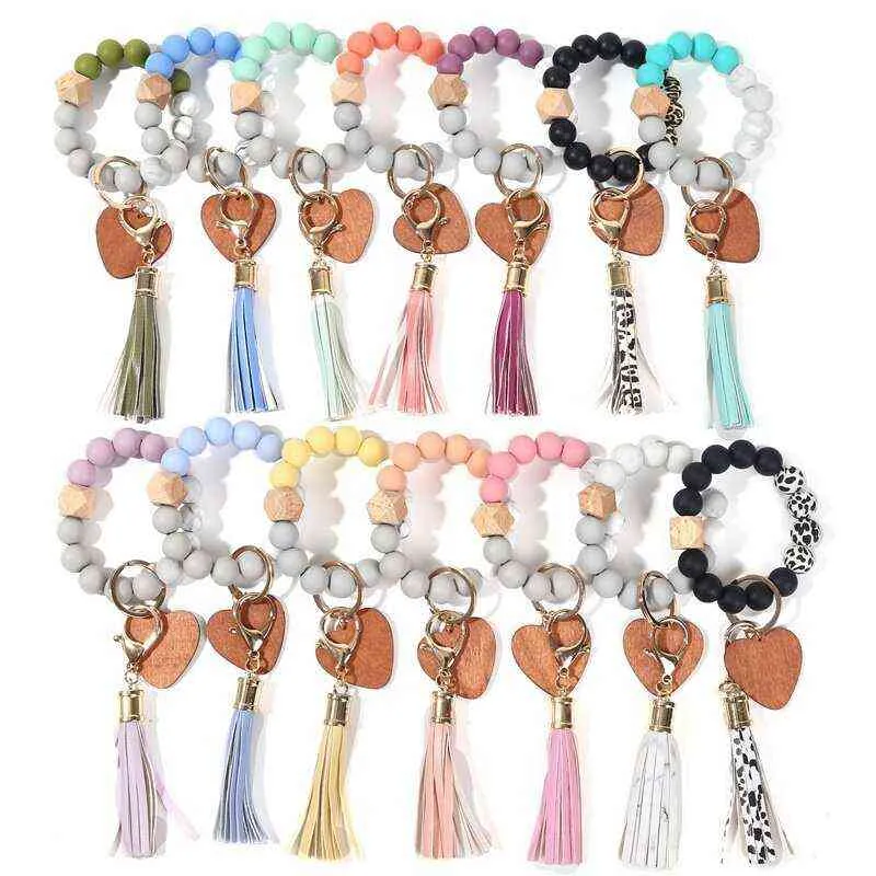 Sile portachiavi chiavi nappa perline di legno braccialetto portachiavi le donne multicolor perline portachiavi moda portachiavi all'ingrosso G220421