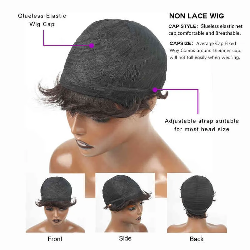 Шорт -пикси стрижка с помощью человеческих волос машина сделана прямым бразильским париком для чернокожих женщин, бесцветных с челкой 220609