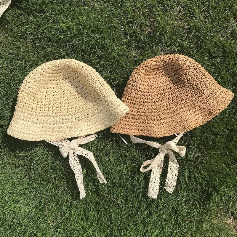 Yaz Koreli erkek bebek kız saman şapka kayış tığ işi çocuklar el yapımı katlanabilir kapak dantel plaj güneş açık şapka 220812