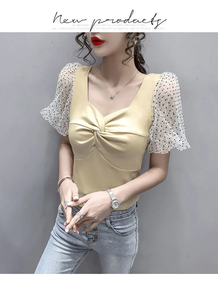 Camicie patchwork di pizzo stile coreano da donna estiva Camicie con colletto quadrato femminile Camicette eleganti a manica corta da donna R31