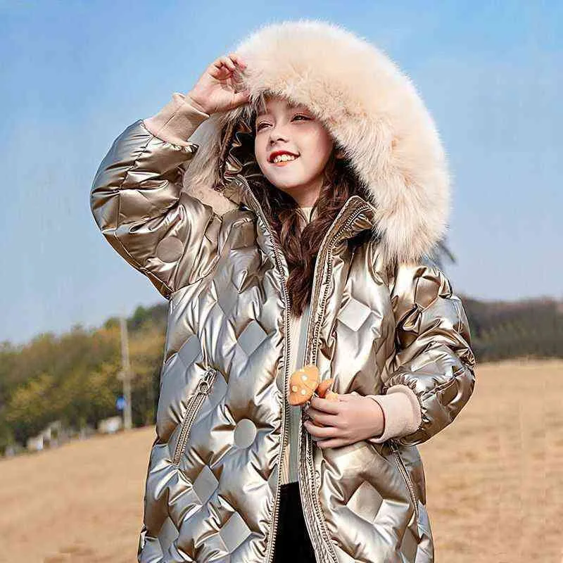 Big Size Long Style Fashion Winter Keep Warm Girls Jacket Glossy Anti-stain Heavy Hooded Outerwear For Kids Children Clothes J220718