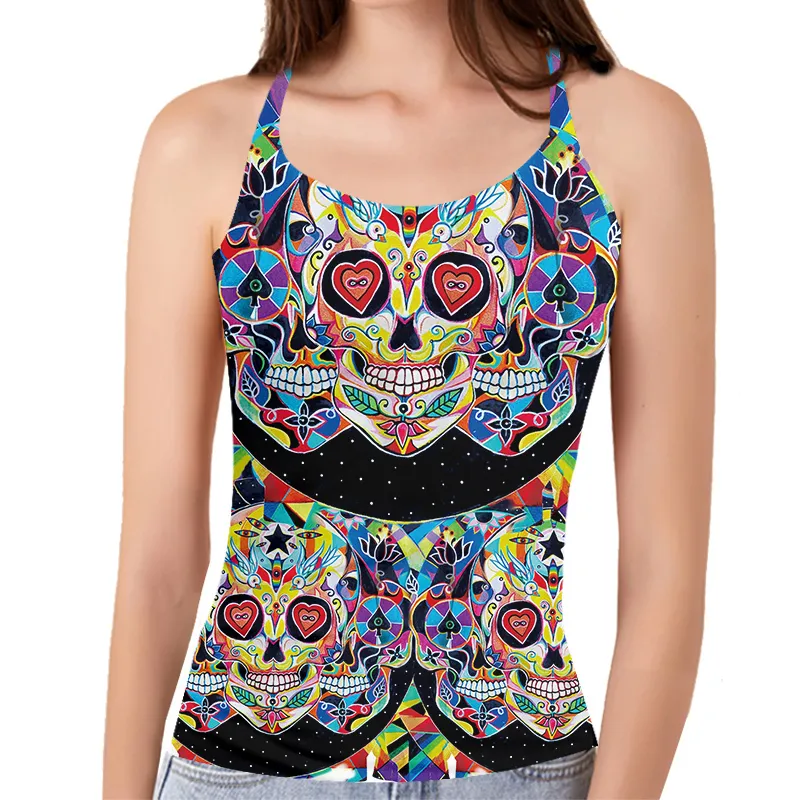 CJLM Skull 3D Printing Hollow Vest Colorful Square Summer Sexy High Quality Sleeveless Top Funny Female Hollow Tank Top 4XL 220623