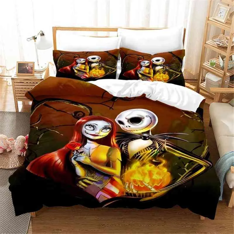 Nightmare Before Christmas Duvet Cover Set Jack and Sally Lover Twin Bedding Halloween Theme Queen King Size Quilt