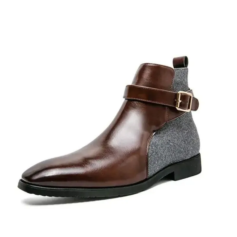 Botas de tornozelo masculinas negócios sapatos formais salto baixo deslizamento na fivela decoração estilo britânico moda esculpida retro versátil dh894