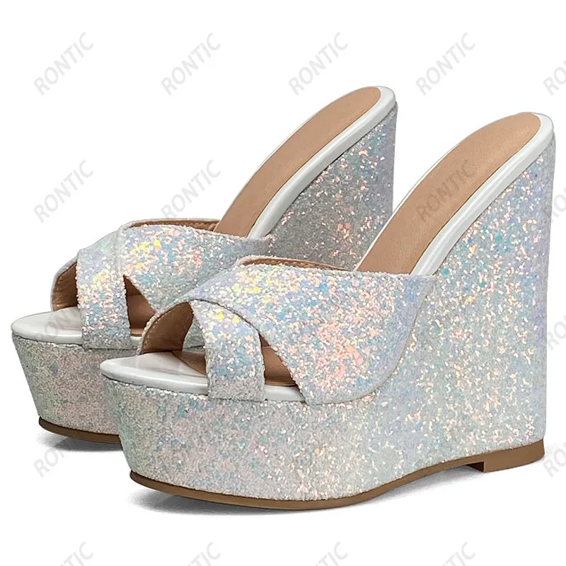 Rontic – Mules faites à la main pour femmes, sandales unisexes à talons compensés à paillettes, bout ouvert, magnifiques chaussures de fête argentées, taille américaine 5-20, nouvelle collection