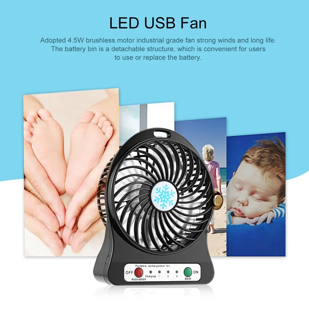 Taşınabilir Mini LED Fan Hava Soğutucu Pil Çalışan USB Şarj Masaüstü 3 Mod Hız Düzenleme LED Aydınlatma Fonksiyonu