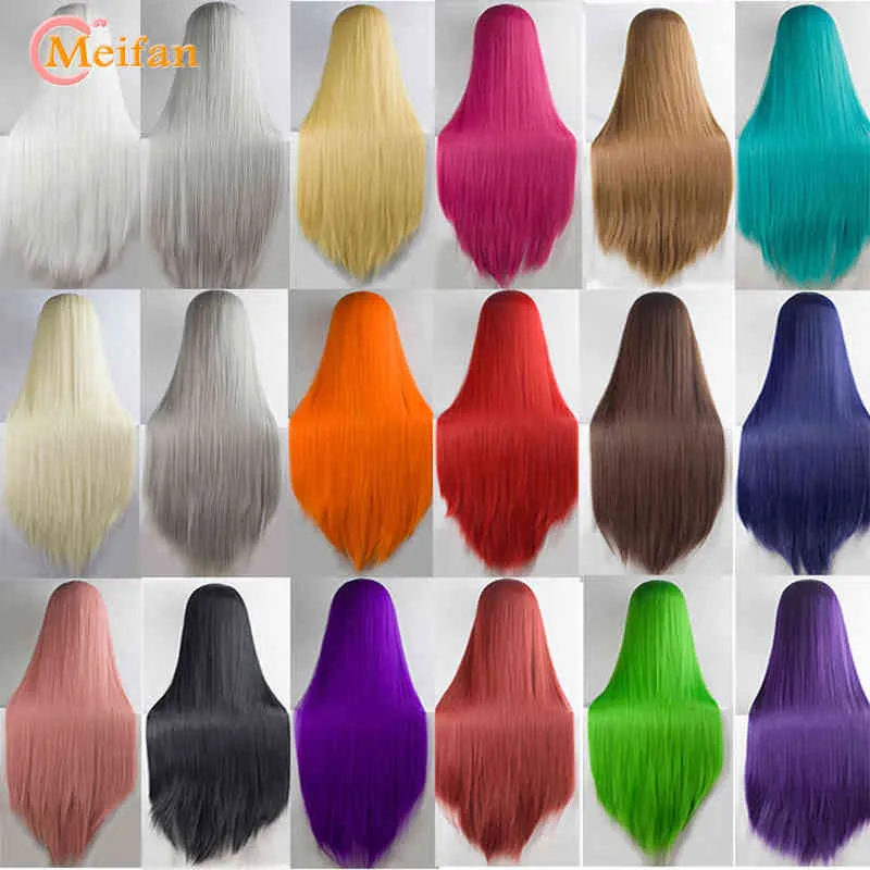 Meifan Synthetic Lolita Cosplay Wig Blonde Blue Red Pink Green Purple Hair for Party 100cm Straight Wigs Women 220622