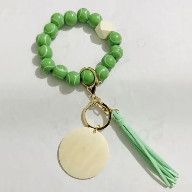 Sports Ball Beaded Bracelet Keychain Tassel Keychains Pendant Creative Football Basketball Baseball Wooden Bead Bracelets