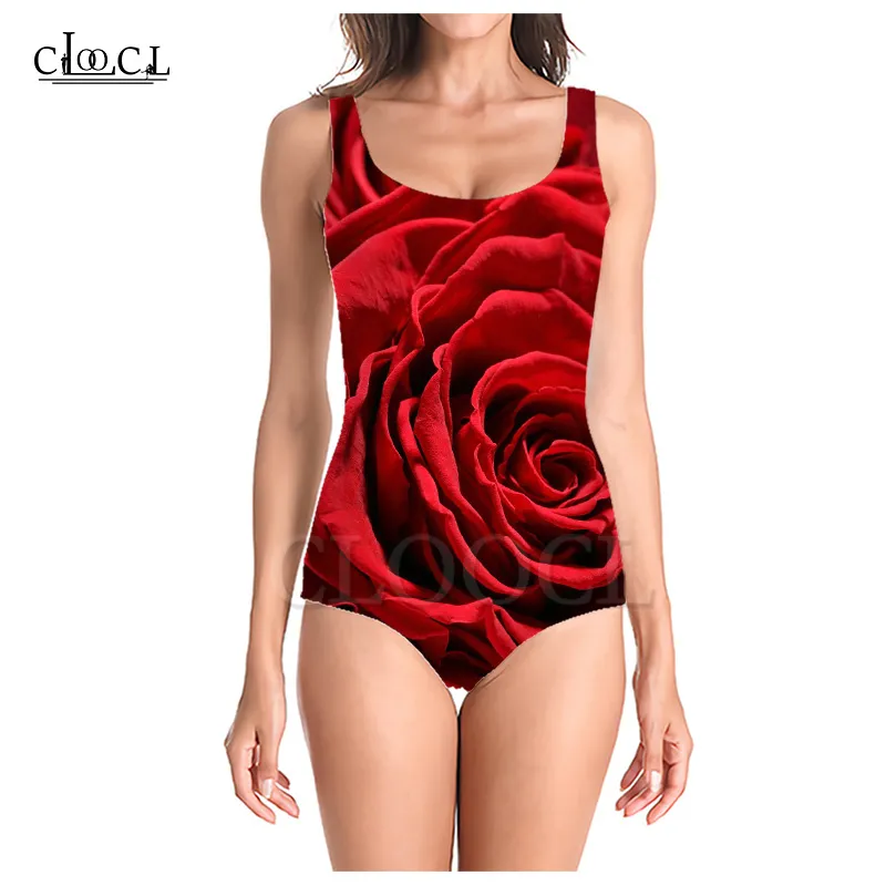 Летний цельный купальник с 3D принтом красной розы для девочек, купальный костюм без рукавов, тонкий сексуальный женский модный купальник 220617