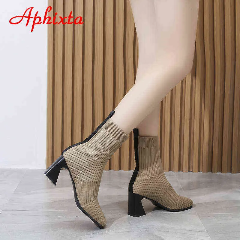 Aphixta 2022 Spring Socks Boots Women Stretch Fabric Elastic Square Heels Comfortable Ankle Boots Shoes Woman Big Size 43 Boats Y220729