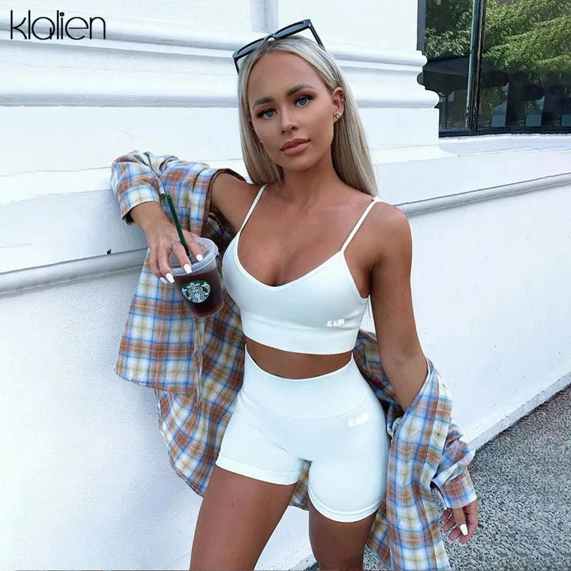 Klalien Sexy Casual Camisole i Krótki 2 Sztuka Zestaw Kobiet Strerewear Strój Fitness Outfit Sportswear Summer Beach Cotton Dress Women 220421