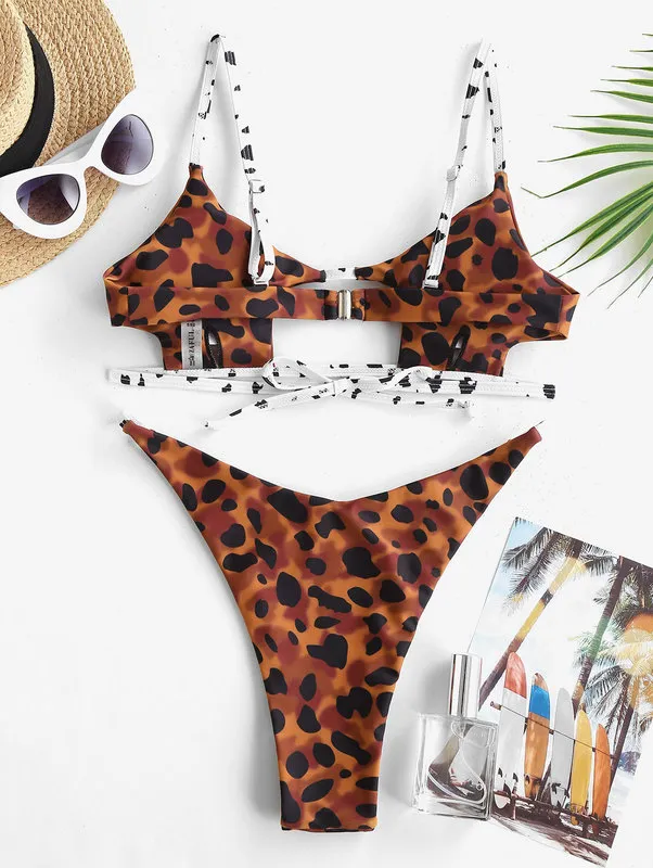 Bikini Swimwear Animal Print Cut Out Strappy High Waist Strapless Sexy Pure Color Women Swimsuit Bathing Suit 220414