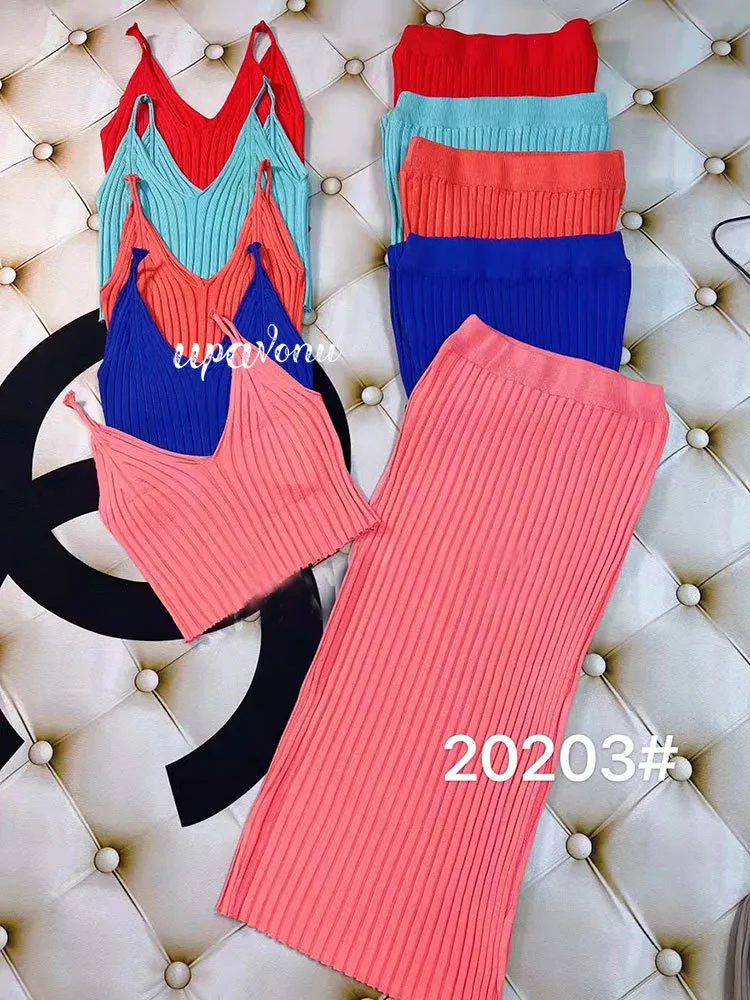 2 -częściowy zestaw pullover top zbiornika wysokiej talii chuda długa spódnica swobodna dzianina Set Summer 2022 Kobietowy streetwear CX220518